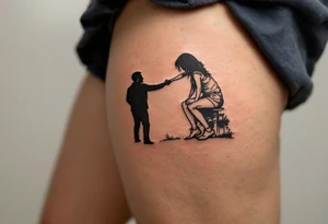A line-art silhouette of a father lifting his daughter onto his shoulders, with a soft golden glow around them. tattoo idea