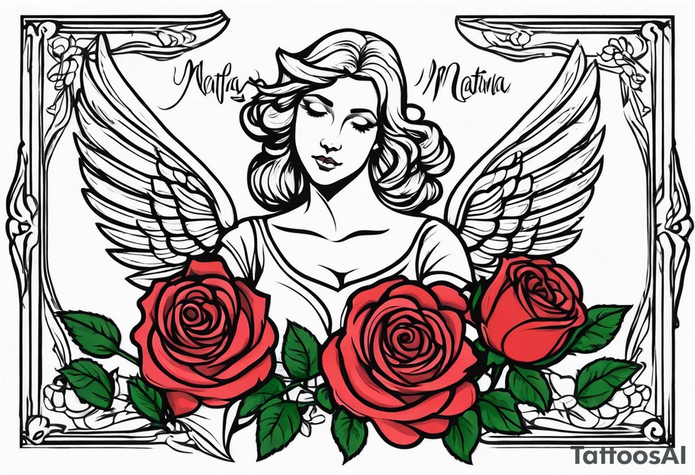 Angel, roses, name MARTINA tattoo idea