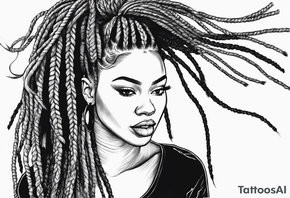 Draw a women head with real dread locks flying in the air, tattoo idea