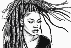 Draw a women head with real dread locks flying in the air, tattoo idea