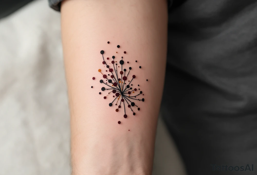 Cluster of tiny burgundy and ochre dots on the inner forearm – Organic, pollen-like design inspired by wildflowers. tattoo idea