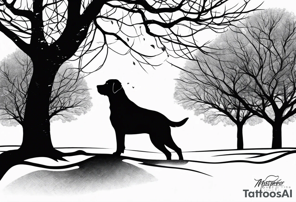 Silouette of a black lab under a simple tree. No detail on lab. Lab drawn to scale. tattoo idea