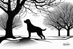 Silouette of a black lab under a simple tree. No detail on lab. Lab drawn to scale. tattoo idea