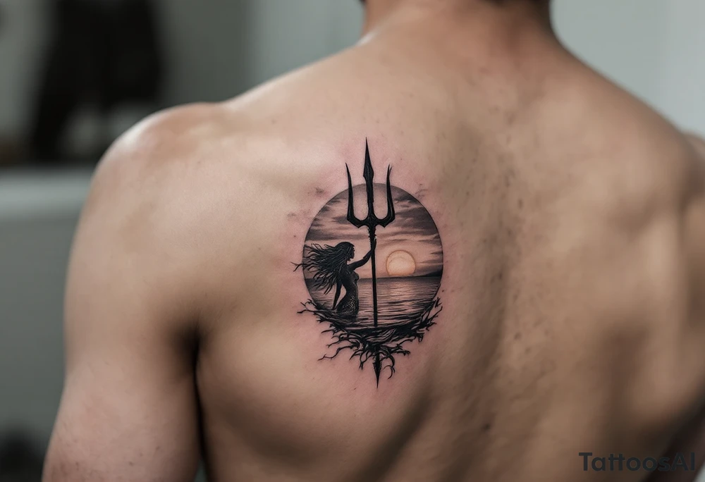 trident half way under calm water with sunset and mermaid tattoo idea