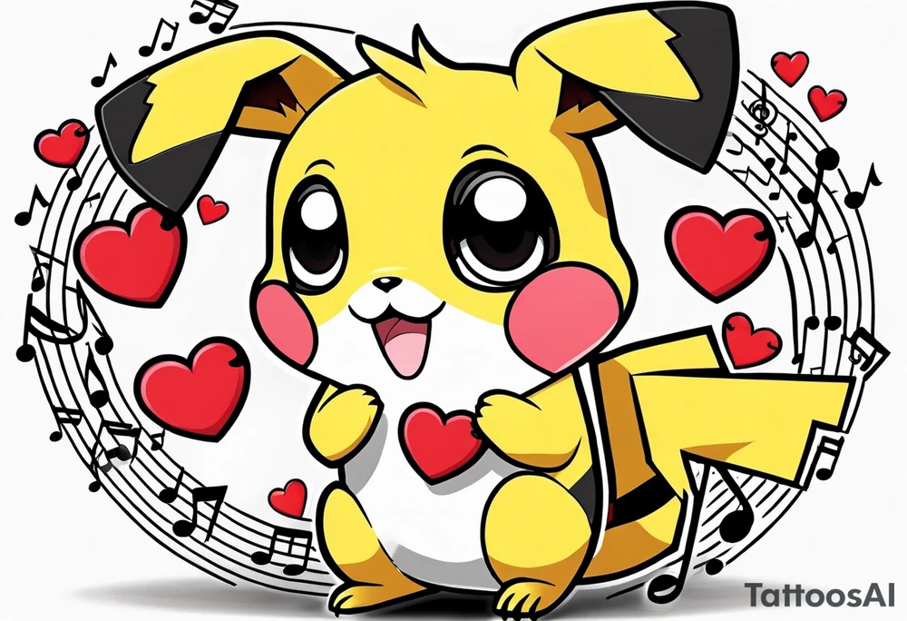 Pickachu squeezing a heart made from a trouble clef and music notes tattoo idea