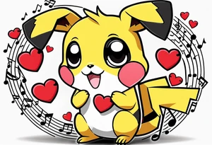 Pickachu squeezing a heart made from a trouble clef and music notes tattoo idea
