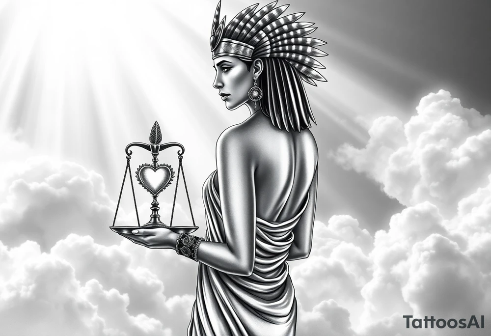 beautiful Egyptian goddess stands with her back slightly turned, accentuating her figure. Wearing a silk gown. She wears an elaborate ostrich feather headdress and ornate, intricate ancient Egyptian jewelry draped across her body. Her expression is mysterious and confident. In one hand, she holds the Scales of Justice: one side holds a radiant, glowing heart; the other, Ma’at’s feather. The scales themselves shimmer with an otherworldly light.
The background is a surreal, heavenly landscape filled with luminous clouds and beams of divine light piercing through, creating dramatic contrasts of deep shadows and highlights. The entire scene is bathed in an ethereal, mystical glow, with a dreamlike, almost supernatural atmosphere. tattoo idea