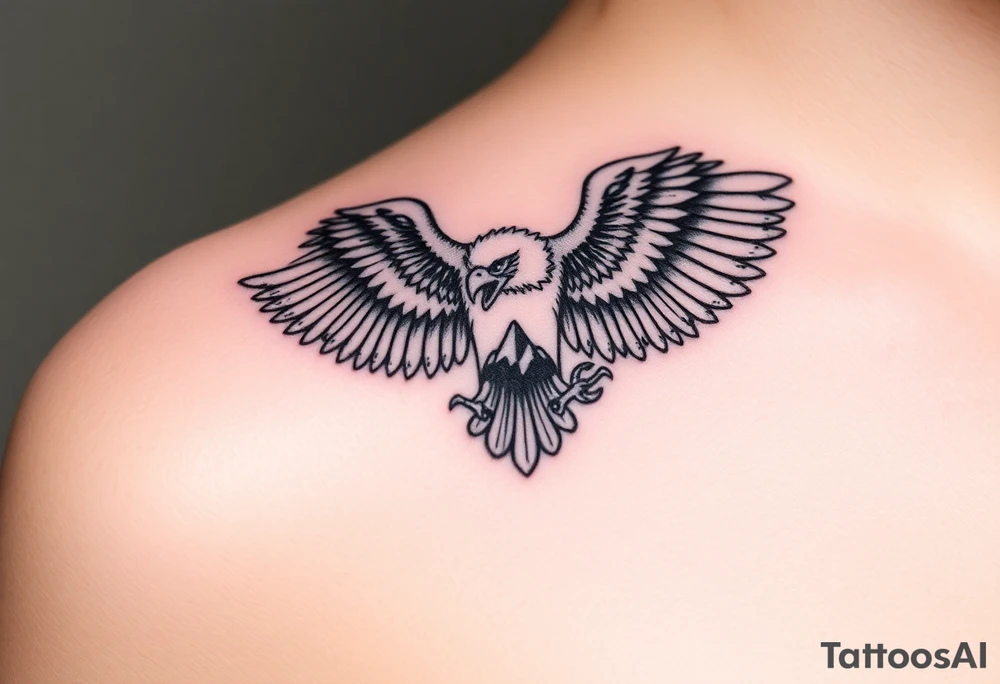 majestic eagle spreading wings against mountain peaks tattoo idea