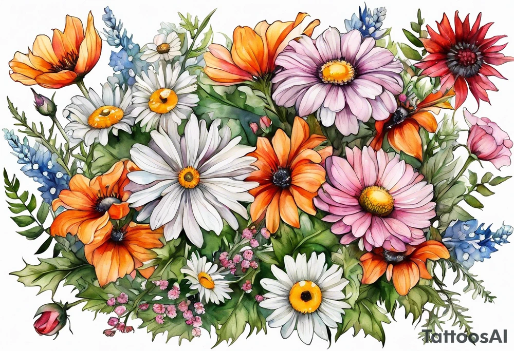 wildflowers cascading with thistles, ferns, white anemones, sun flowers, orange flowers, pink flowers, red flowers, babys breath and daisies all in watercolor tattoo idea