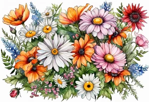 wildflowers cascading with thistles, ferns, white anemones, sun flowers, orange flowers, pink flowers, red flowers, babys breath and daisies all in watercolor tattoo idea