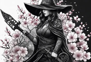 dark cloak alongside cherry blossom dagger tattoo idea