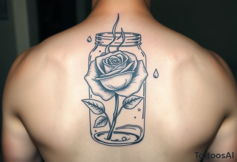a rose on fire trapped in a jar with water drops. Whole jar with rose inside tattoo idea
