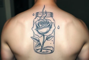 a rose on fire trapped in a jar with water drops. Whole jar with rose inside tattoo idea