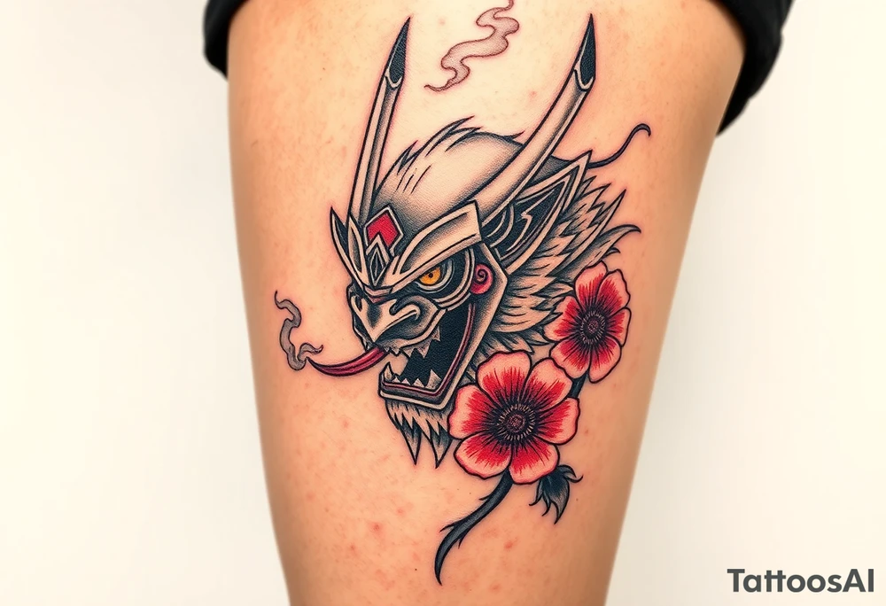 Big Rouge ronin to cover the entire thigh with smoke coming out of its mouth with 11b tattooed under its left eye with 1 poppy on each side of the ronin tattoo idea