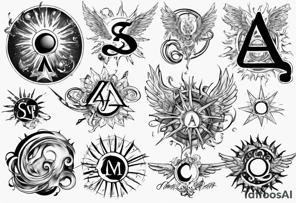 abstraction with sun and letters and angels tattoo idea