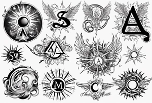 abstraction with sun and letters and angels tattoo idea