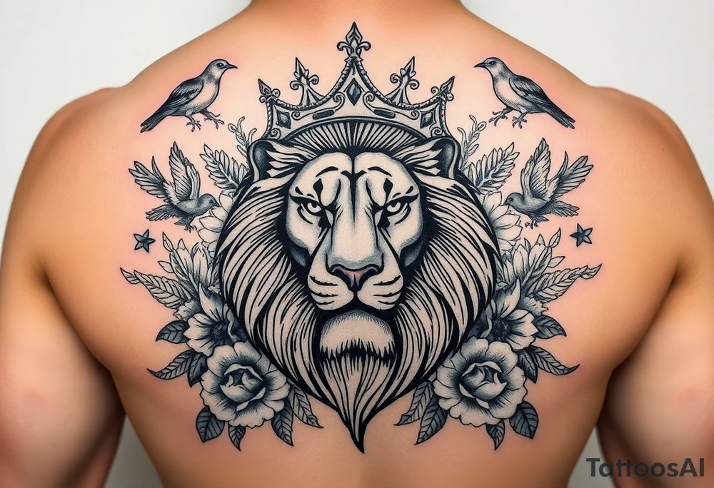 powerful majestic lion with a crown, surrounded by floral ornaments and birds tattoo idea