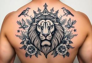 powerful majestic lion with a crown, surrounded by floral ornaments and birds tattoo idea