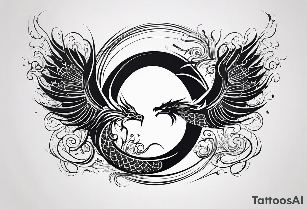 For a Gen Z-inspired dragon and phoenix tattoo, think of a clean, minimalist design that combines symbolism with bold, sleek lines. Imagine a dragon and phoenix spiraling together in a yin-yang-inspired layout. The dragon has a slightly abstract, modern shape, with sharp, flowing lines to show power, resilience, and wisdom, while the phoenix is rendered with sweeping curves and minimal detailing, symbolizing rebirth, growth, and transformation.

Both creatures should interact in a harmonious way, representing balance and duality. To keep it meaningful, focus on line work rather than intricate shading—clear, open spaces allow the tattoo to feel light and energetic. Adding small symbols, like stars or a faint galaxy backdrop, can enhance the "rising from ashes" and "strength through challenge" themes. This design will have a timeless appeal while resonating with Gen Z’s love for symbolism and simplicity. tattoo idea