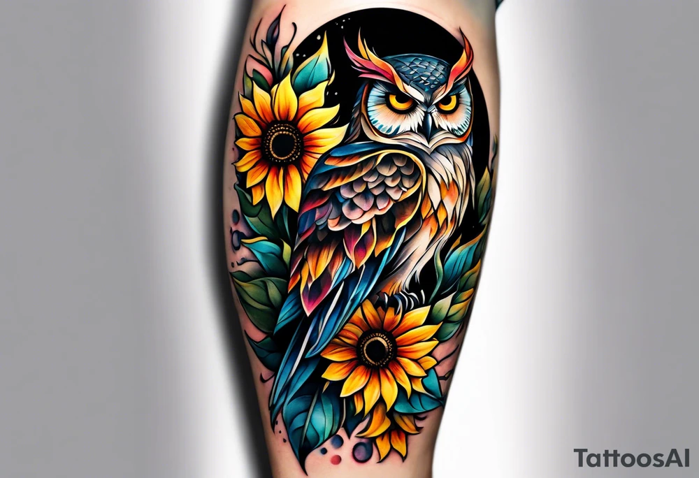 Leg sleeve with colorful sunflowers and an owl tattoo idea