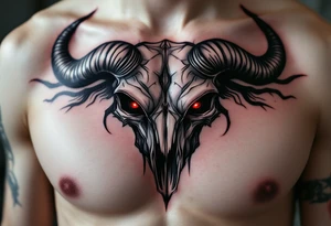 Abstract looking angry taurus skull chest tattoo with red eyes tattoo idea