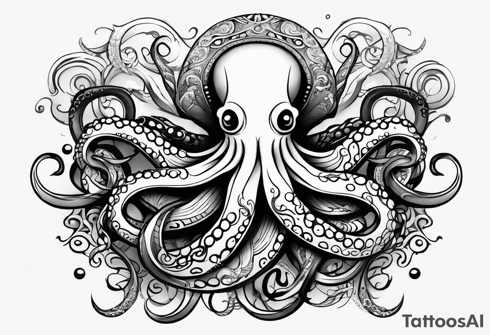 Tribal half sleeve octopus with ribbons around it filled with fish and water waves tattoo idea