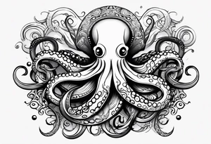 Tribal half sleeve octopus with ribbons around it filled with fish and water waves tattoo idea