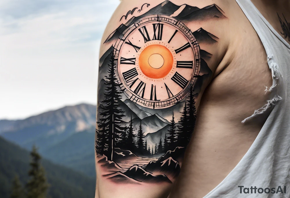 Half sleeve. View from the base of the mountains looking up to the sun. The sun is a clock that reads 12:01 to signify a new day. I want a clock tower in the middle of the mountains with the times my two sons were born. This tattoo represents overcoming massive obstacles and becoming a better person. tattoo idea