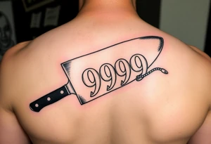A butcher’s cleaver with “the thousandth man” written on the blade.
The cleaver is cutting the number 999.
The 999 is like a head of a snake tattoo idea