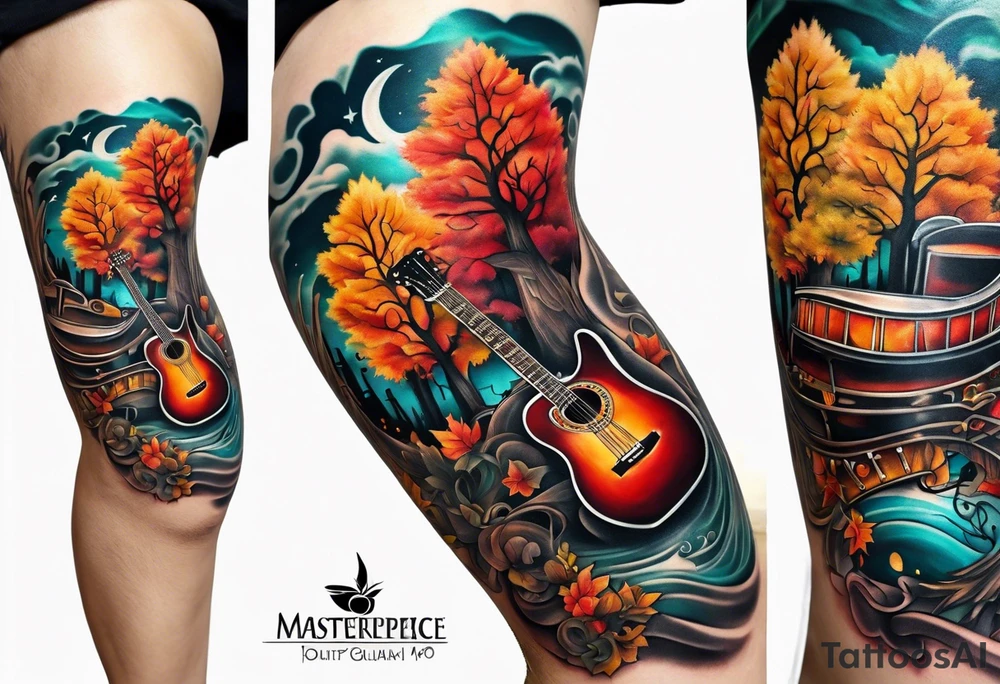 thigh tattoo with fall colors music symbols and a guitar tattoo idea