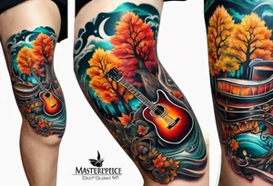 thigh tattoo with fall colors music symbols and a guitar tattoo idea