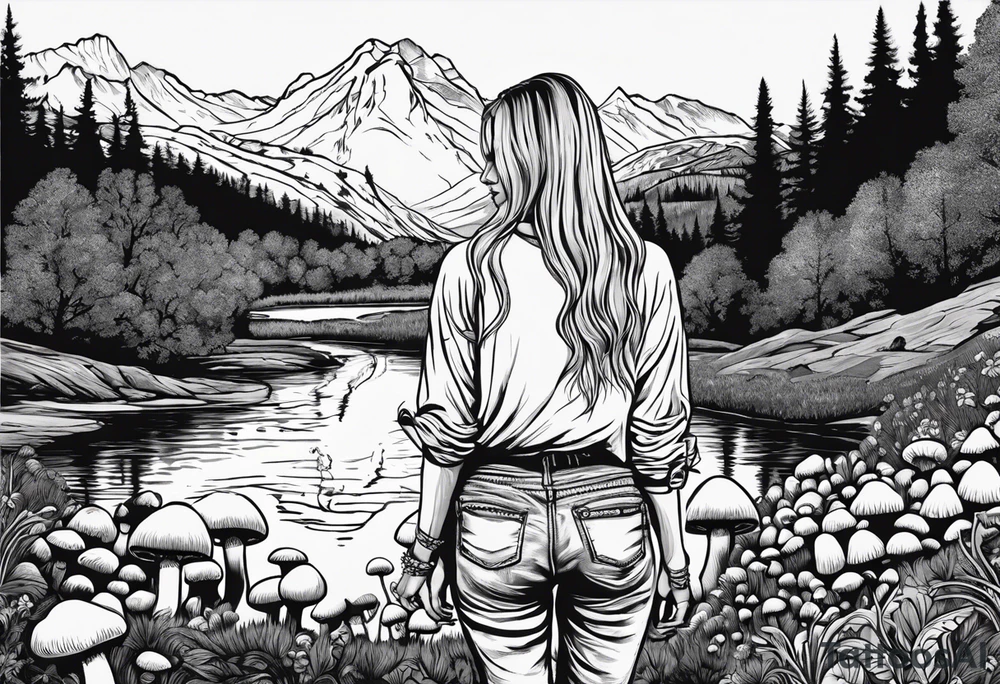 Whole picture encircled fully

Straight long blonde hair hippie girl in distance holding mushrooms in hand facing away toward mountains and creek surrounded by mushrooms long sleeve shirt and hiking pants; whole rendering within a full circle, no cut off circle tattoo idea