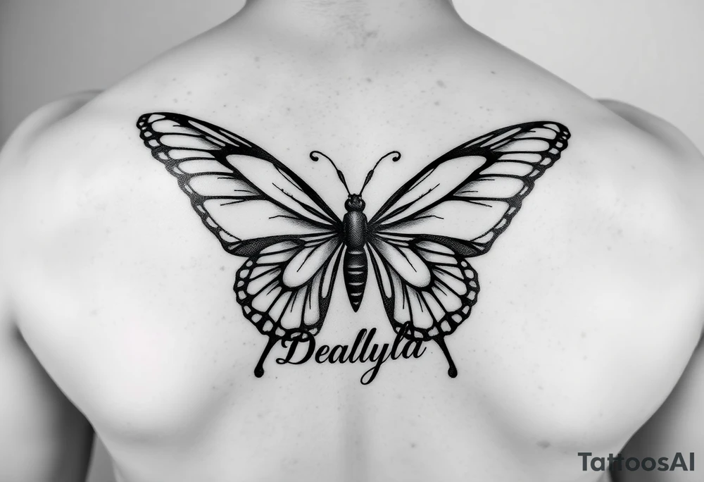 Butterfly wings shaped into the names Damani and Donovan and the body of the Butterfly shaped into the name Dalyla tattoo idea