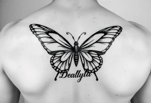 Butterfly wings shaped into the names Damani and Donovan and the body of the Butterfly shaped into the name Dalyla tattoo idea