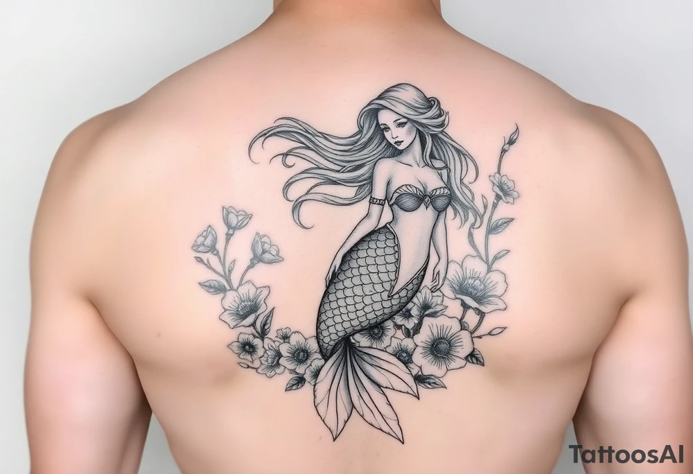 ethereal mermaid with flowing hair among coral and sea flowers tattoo idea