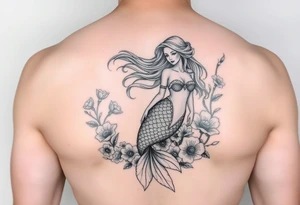 ethereal mermaid with flowing hair among coral and sea flowers tattoo idea