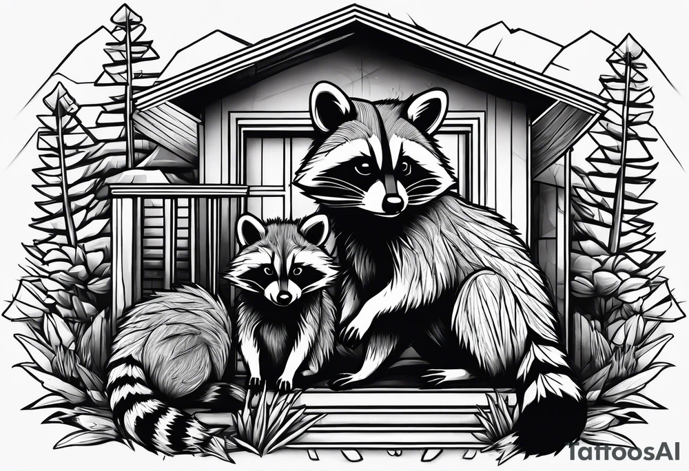 Raccoon Family playing in Front of their New house tattoo idea