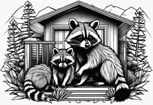 Raccoon Family playing in Front of their New house tattoo idea