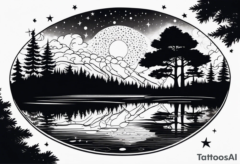 a lake reflecting a dark starry sky with a forest around it tattoo idea a lake reflecting a dark starry sky with a forest around it tattoo idea