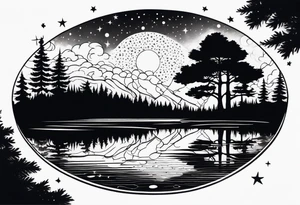 a lake reflecting a dark starry sky with a forest around it tattoo idea