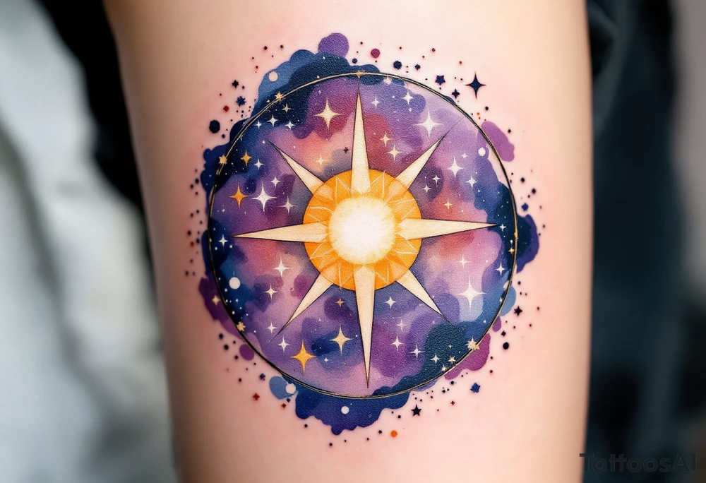 A circular design featuring the Sagittarius zodiac sign in the center, surrounded by a sun in golden yellow and star clusters in soft white. The background has a gradient of purple to dark blue, symbolizing Sagittarius' connection to both the sun and stars, representing enlightenment and wisdom. tattoo idea