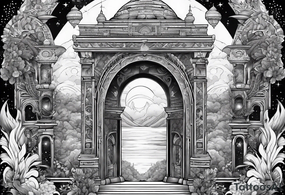 cosmic spiritual archway tattoo idea