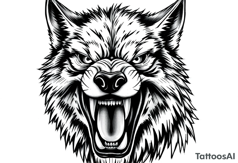 Close-up portrait of a snarling werewolf, sharp teeth bared, glowing eyes,moon tattoo idea
