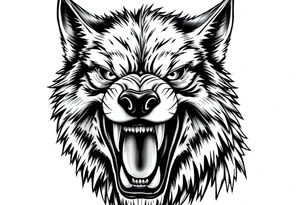 Close-up portrait of a snarling werewolf, sharp teeth bared, glowing eyes,moon tattoo idea
