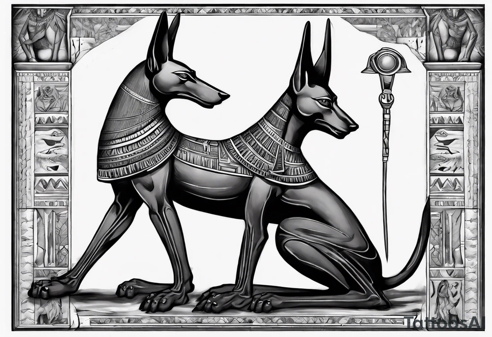 Anubis with some Egyptian mythology background that is 20 cm in length and 10 - 12 cm wide tattoo idea