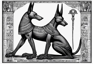 Anubis with some Egyptian mythology background that is 20 cm in length and 10 - 12 cm wide tattoo idea