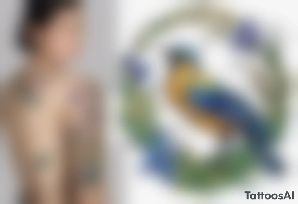 Create a colorful, small Vincent van Gogh Irises tattoo with a nest and bird. The tattoo should take the form of a crescent, with vines gracefully intertwining at a central point in the middle of the wreath. Ensure that the design avoids the appearance of a bush and maintains a more structured and deliberate arrangement. The intended placement is on the upper chest. The overall design should be small in size while maintaining a delicate and artistic aesthetic. Pay attention to the graceful flow of the vines and the placement of the irises to achieve a refined and elegant look tattoo idea