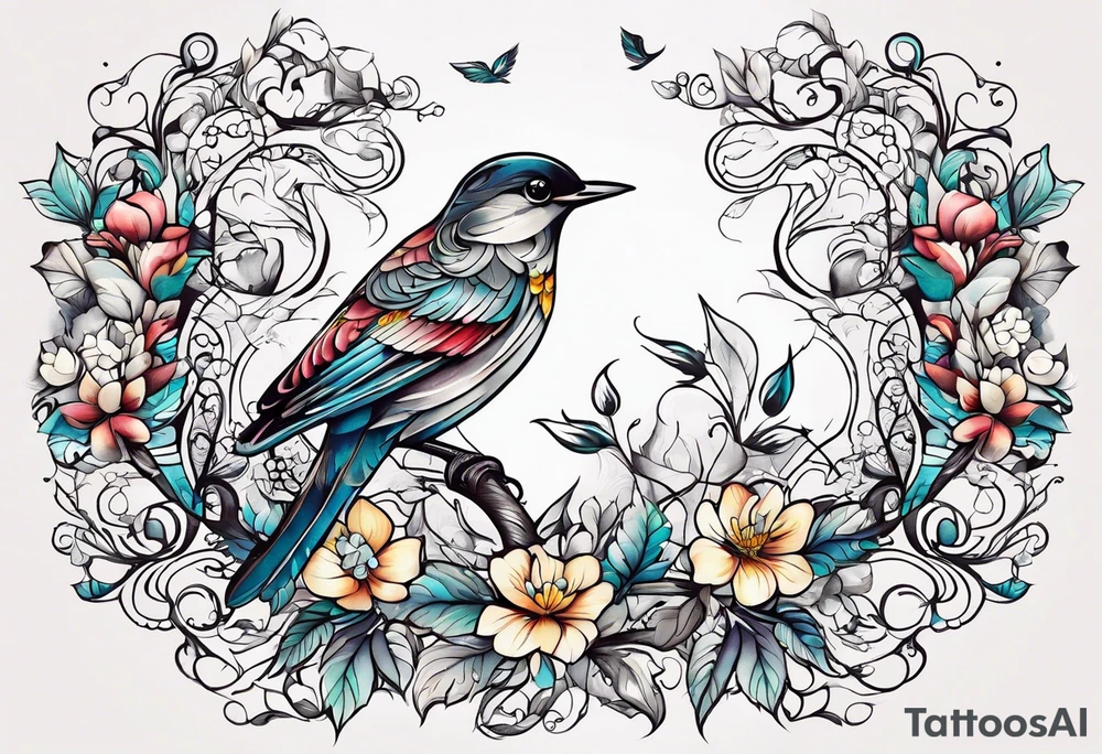 Whimsical birds and vines and leaves tattoo idea