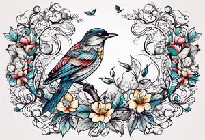 Whimsical birds and vines and leaves tattoo idea