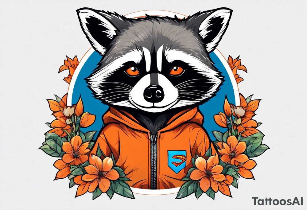 raccoon wearing a Superman hoodie with orange blossoms tattoo idea